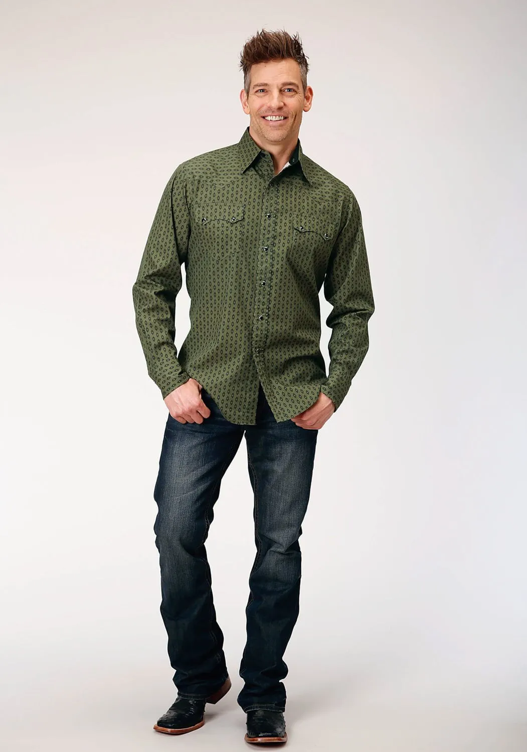 Roper Mens Drybrush Diamonds Green 100% Cotton L/S Shirt Chilly Day Wear