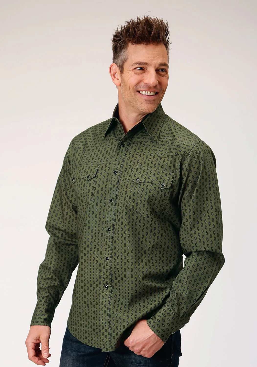 Roper Mens Drybrush Diamonds Green 100% Cotton L/S Shirt Festival Outfit Active Fit