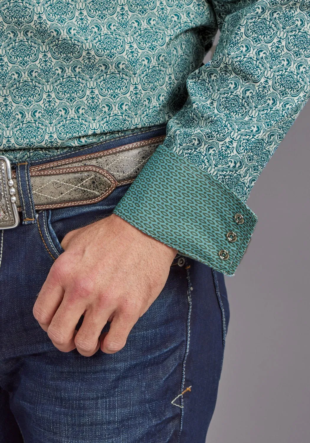 Stetson Mens 2141 Wallpaper Medallion Green 100% Cotton L/S Shirt Embellished Neckline Layered Hemline