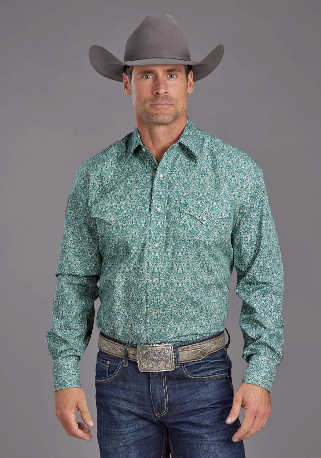 Casual Style Stetson Mens 2141 Wallpaper Medallion Green 100% Cotton L/S Shirt