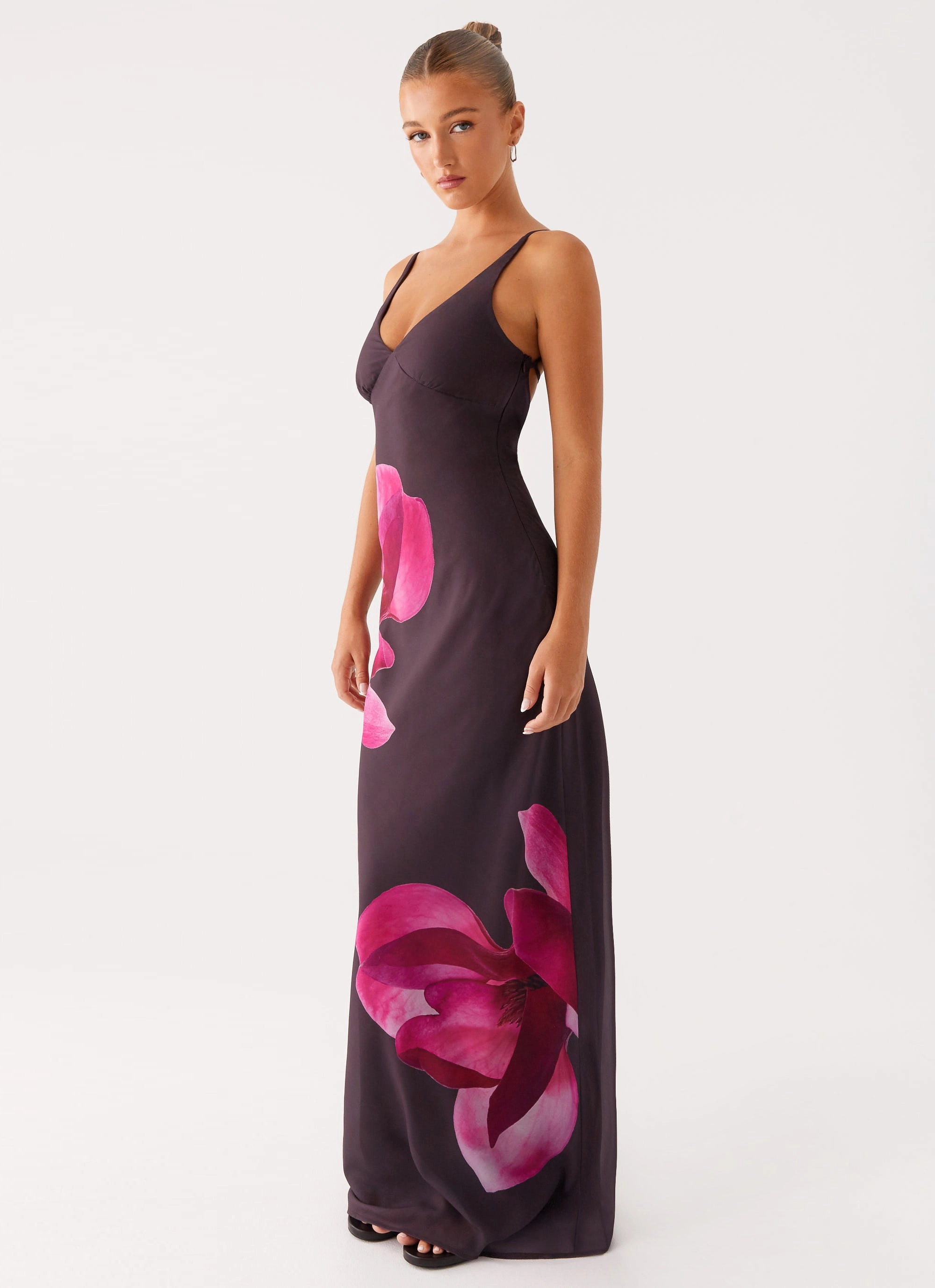 Griselda Maxi Dress - Dark Chocolate Applique-Detail Jewel Accent