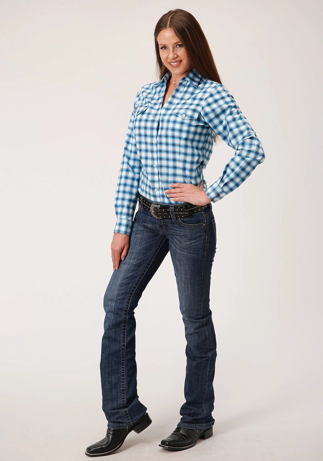 Work Ready Earthy Roper Womens Blue 100% Cotton New Stretch Check BD L/S Button Shirt