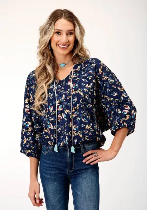 Gym Essential Roper Womens Feather Foliage Blue Polyester 3/4 Sleeve S/S Tunic High-End Fabric Roper Womens Feather Foliage Blue Polyester 3/4 Sleeve S/S Tunic