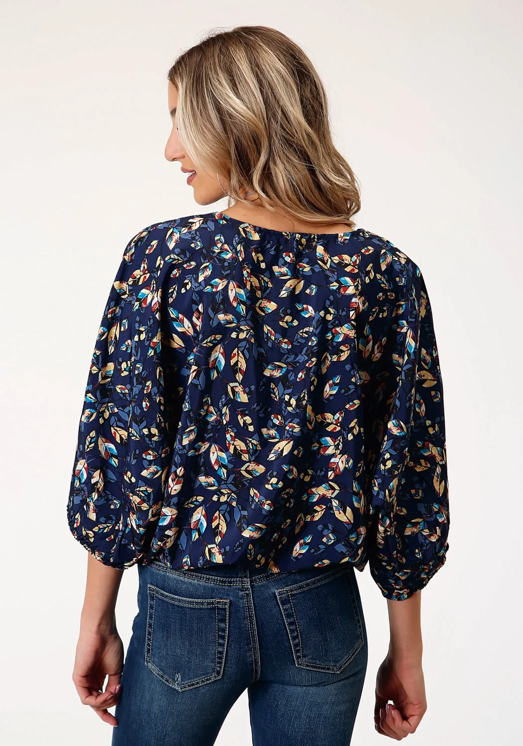 Roper Womens Feather Foliage Blue Polyester 3/4 Sleeve S/S Tunic Wardrobe Staple