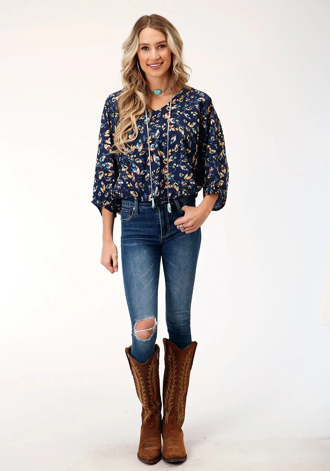V-Neck Contemporary Look Roper Womens Feather Foliage Blue Polyester 3/4 Sleeve S/S Tunic