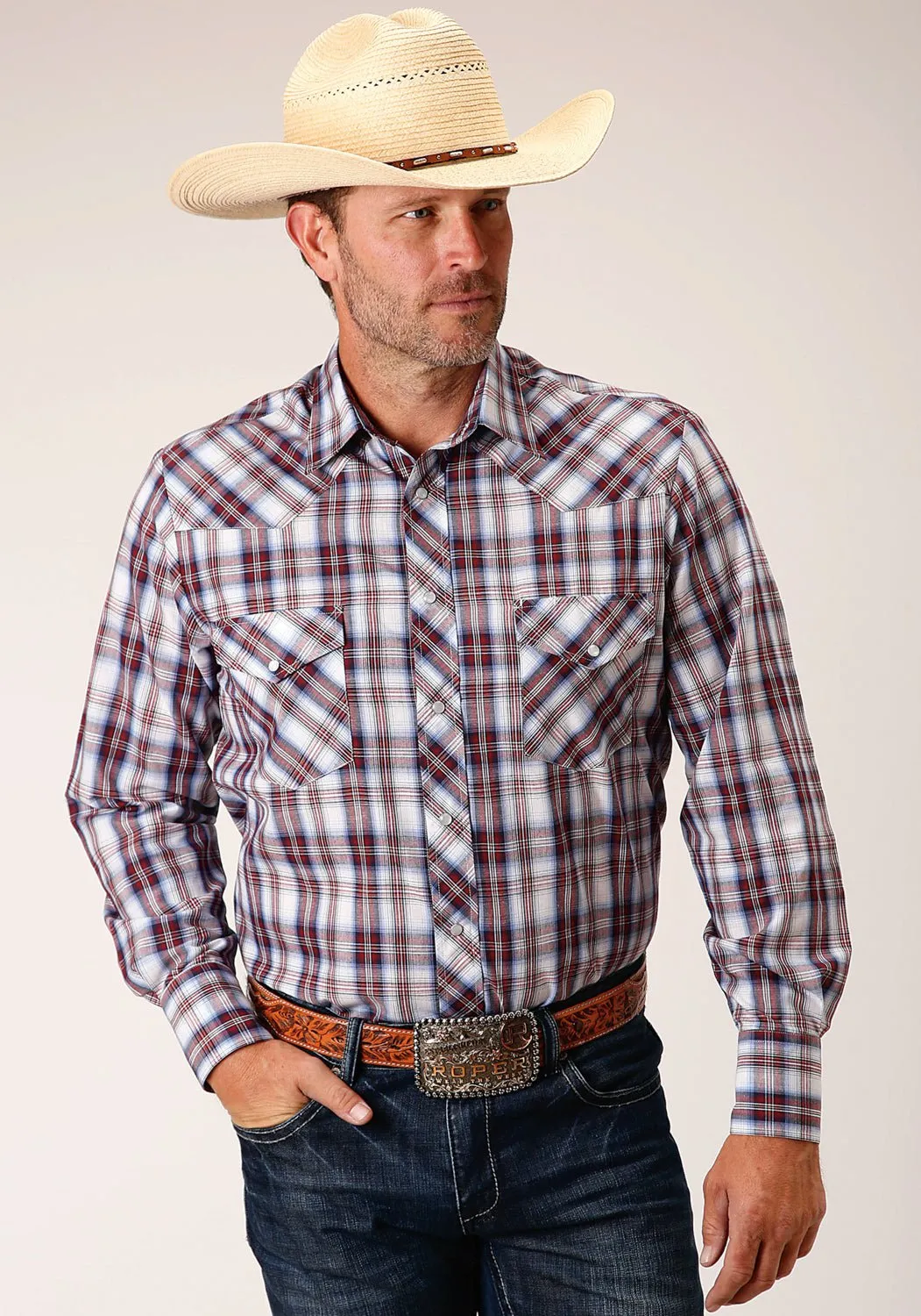 All-day Comfort Roper Mens 55/45 Plaids Wine/Navy Cotton Blend L/S Shirt
