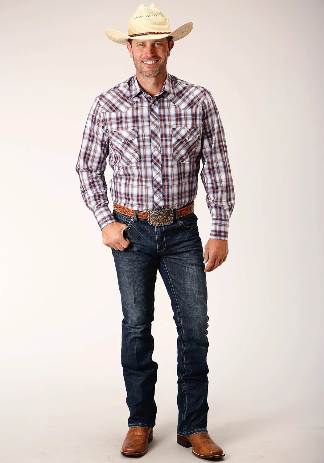 Roper Mens 55/45 Plaids Wine/Navy Cotton Blend L/S Shirt Trendy Outfit