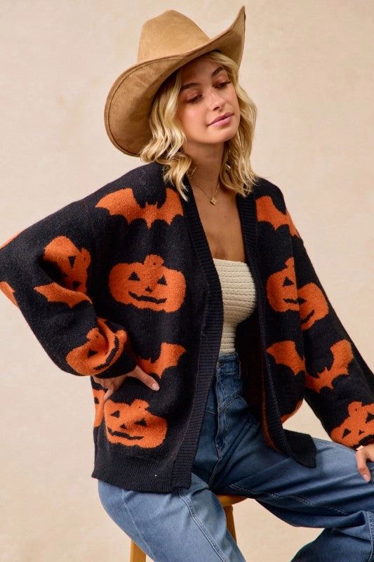Halloween Pumpkin Bat Artwork Open Front Cardigan Trendy Comfort Wear
