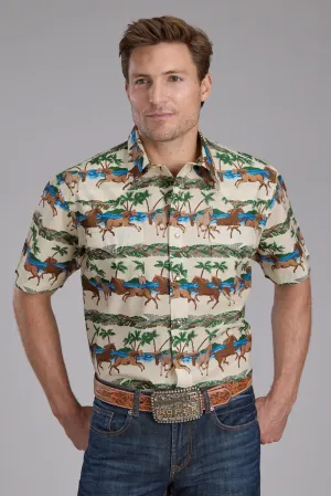 Handcrafted Detail Roper Mens Tropical Horses Brown/Green 100% Cotton S/S Shirt Chill Wear Roper Mens Tropical Horses Brown/Green 100% Cotton S/S Shirt