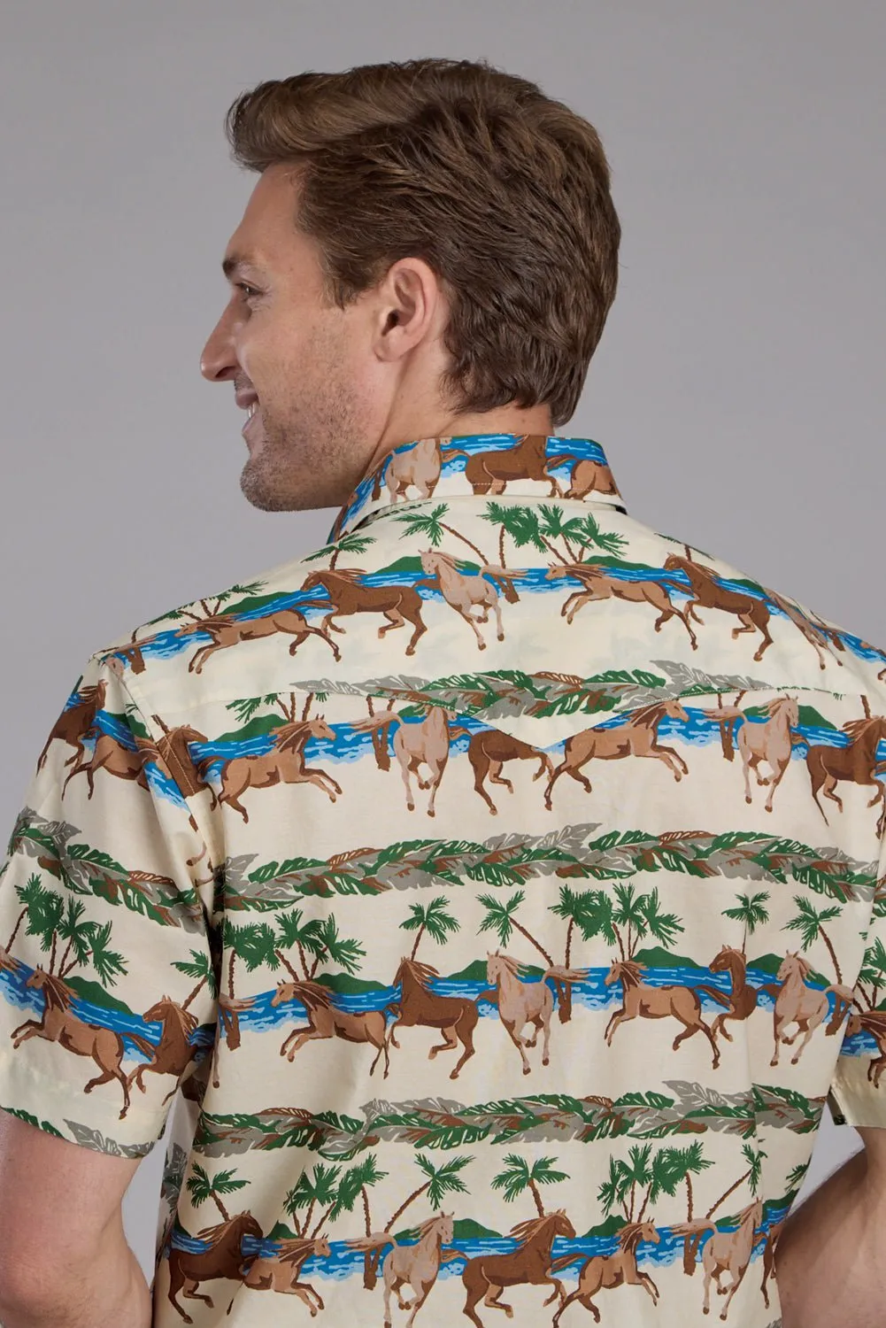 Interview Ready Roper Mens Tropical Horses Brown/Green 100% Cotton S/S Shirt