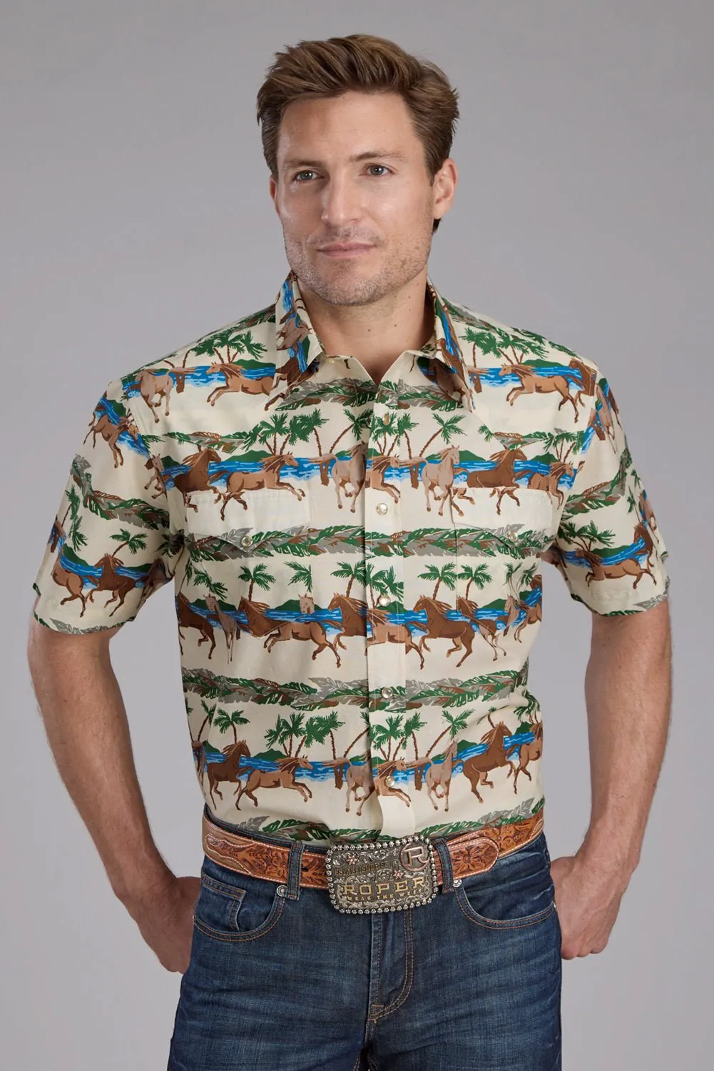 Chill Wear Roper Mens Tropical Horses Brown/Green 100% Cotton S/S Shirt