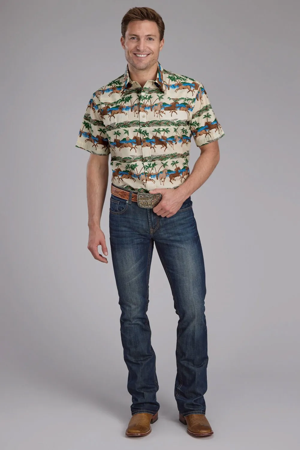 Roper Mens Tropical Horses Brown/Green 100% Cotton S/S Shirt Iconic look