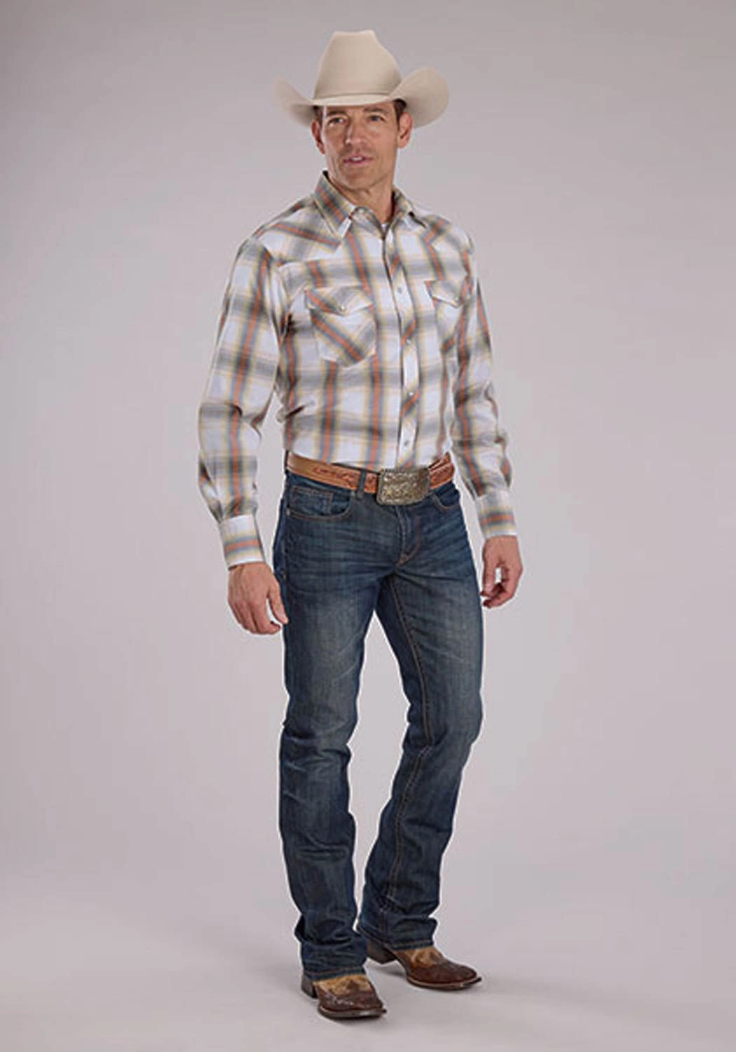 Tagless label Roper Mens 2488 Western Plaid Cream/Tangerine Cotton Blend L/S Shirt