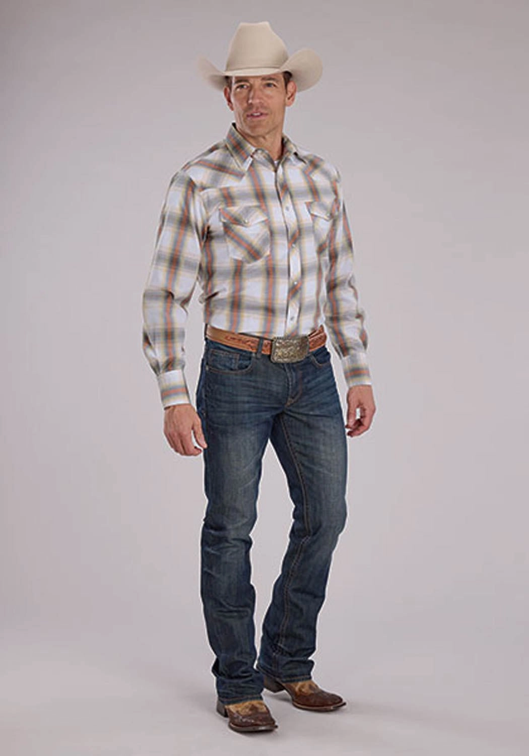 Roper Mens 2488 Western Plaid Cream/Tangerine Cotton Blend L/S Shirt Loose Comfort