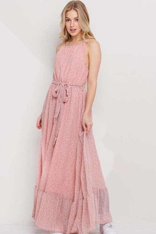 Linen Soft Effortless Waist Design HAPPY FEELINGS FLOWER PRINT DRESS