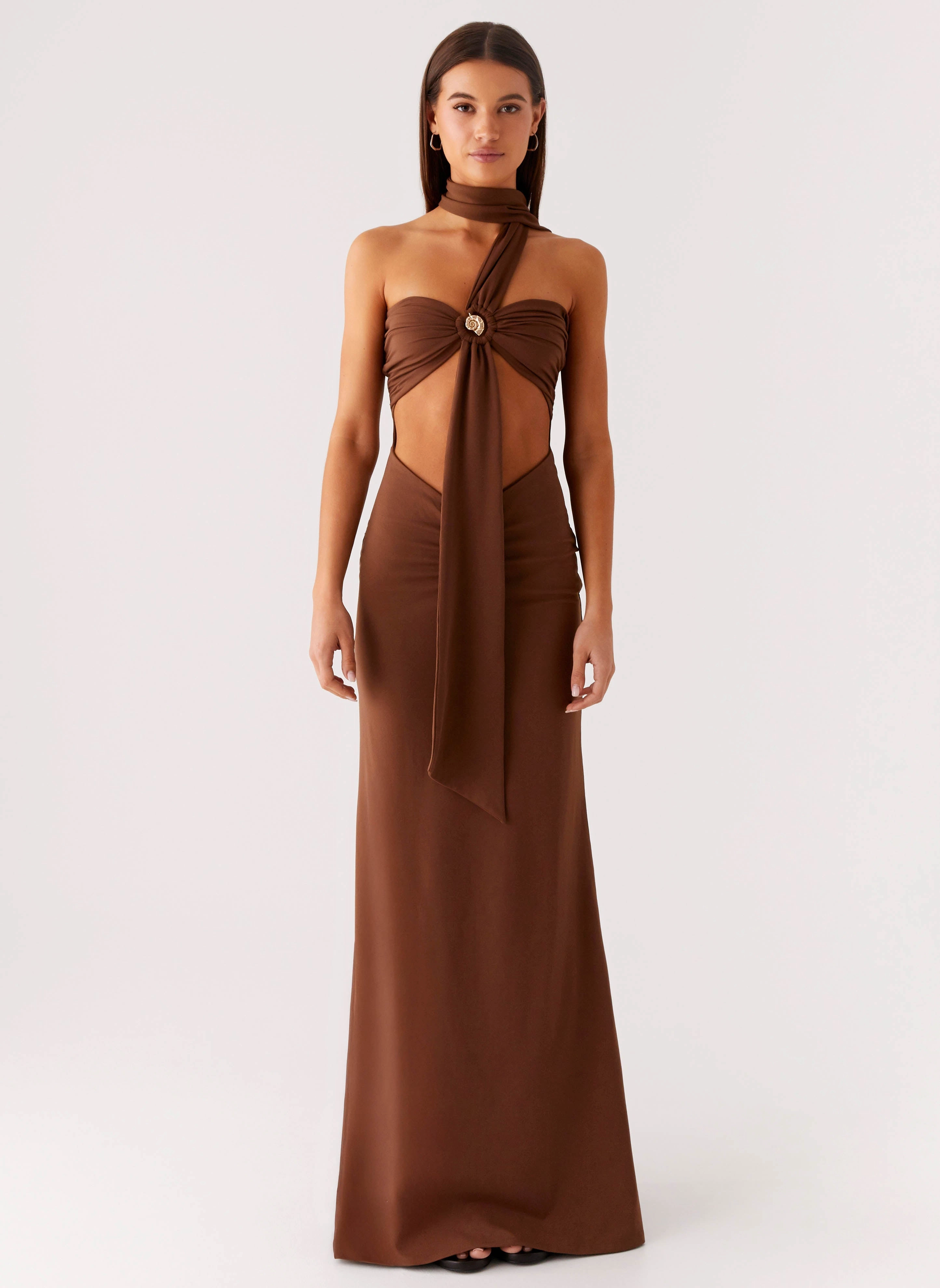 Gloss Finish Olive Bloom Maxi Dress - Chocolate