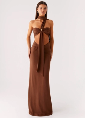 Heart Motif Olive Bloom Maxi Dress - Chocolate Sleek Drape Versatile-Style Olive Bloom Maxi Dress - Chocolate