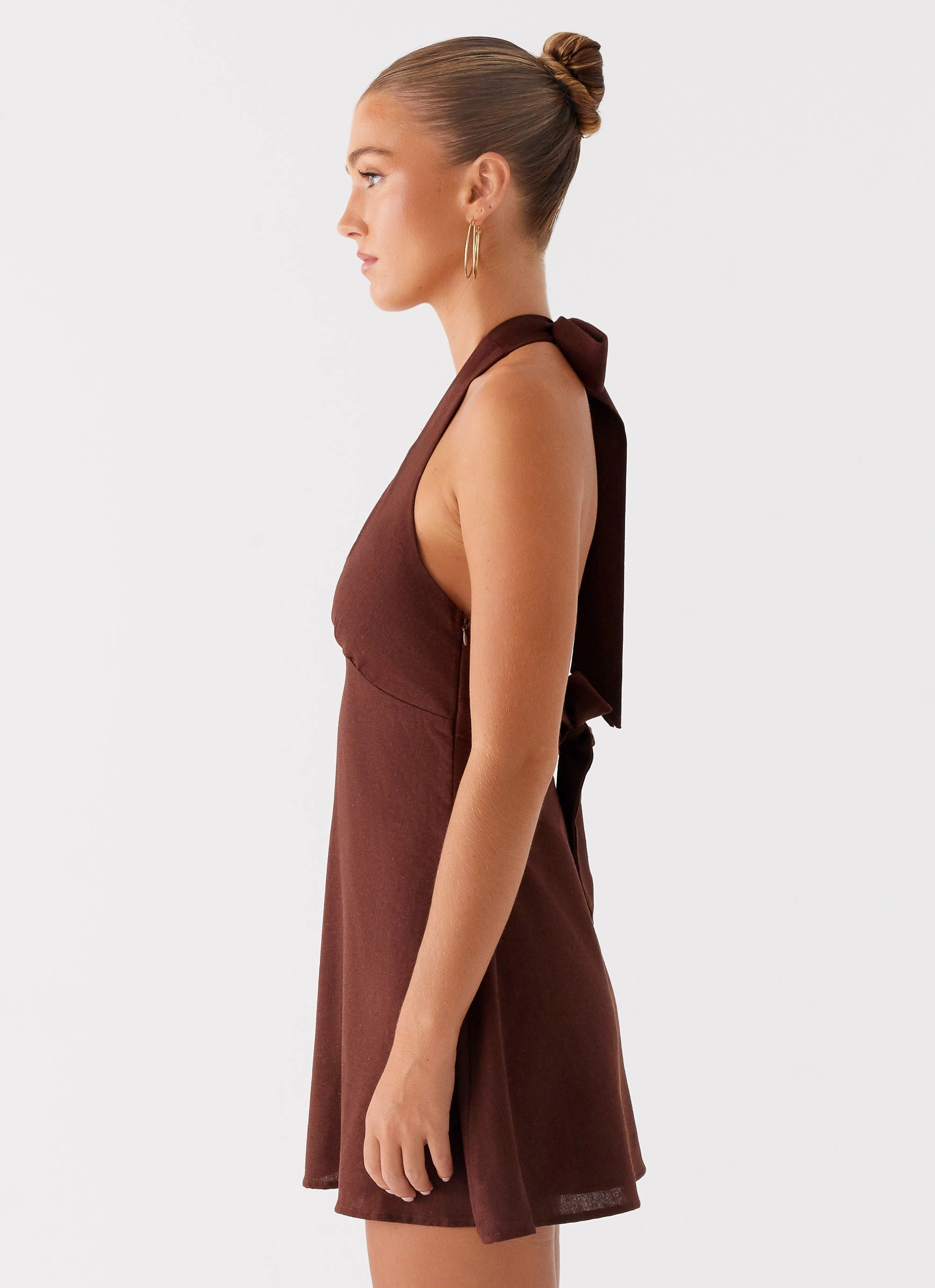 Style focused Flattering Look Heavy Hearted Linen Mini Dress - Brown