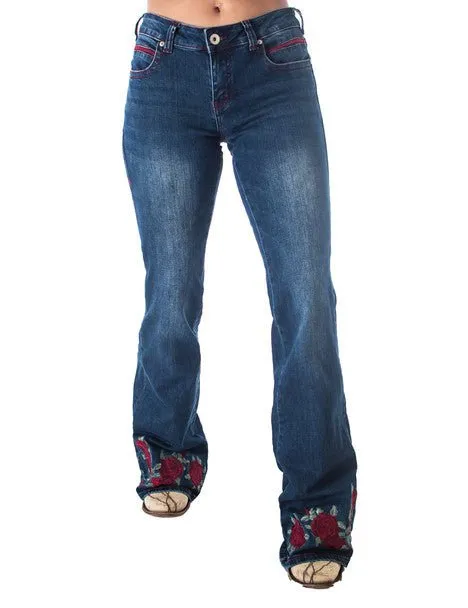 Outdoor Adventure Earthy Textured Yarn Blends Cowgirl Tuff Womens Roses Are Red Medium Wash Cotton Blend Jeans