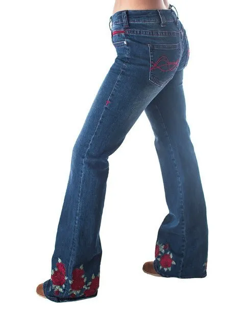 Casual Days Cowgirl Tuff Womens Roses Are Red Medium Wash Cotton Blend Jeans