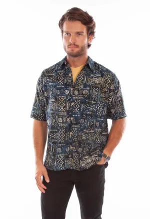 Heavyweight Feel Scully Mens Batik Tribal Navy 100% Cotton S/S Shirt Comfortable Layer Pocket Detail Scully Mens Batik Tribal Navy 100% Cotton S/S Shirt