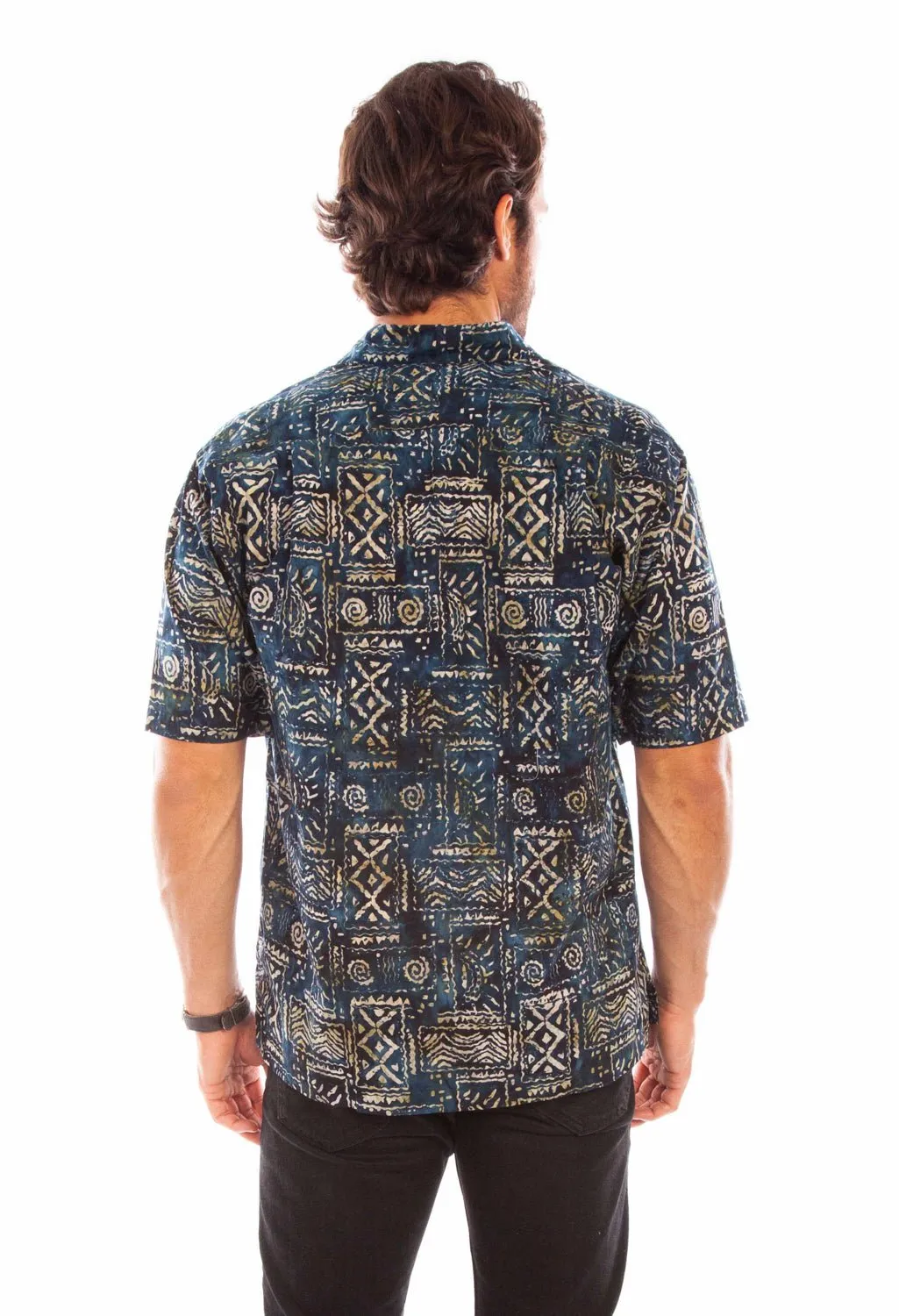 Scully Mens Batik Tribal Navy 100% Cotton S/S Shirt Smart Layering