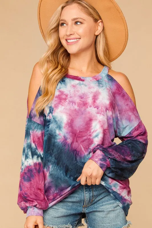 Heidi Tie Dye Bubble Sleeve Cold Shoulder Top Eco-friendly