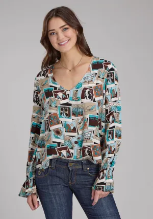 Henley Collar Roper Womens Photo Collage V-Neck Multi-Color 100% Rayon L/S Blouse Roper Womens Photo Collage V-Neck Multi-Color 100% Rayon L/S Blouse Double Stitched Seams