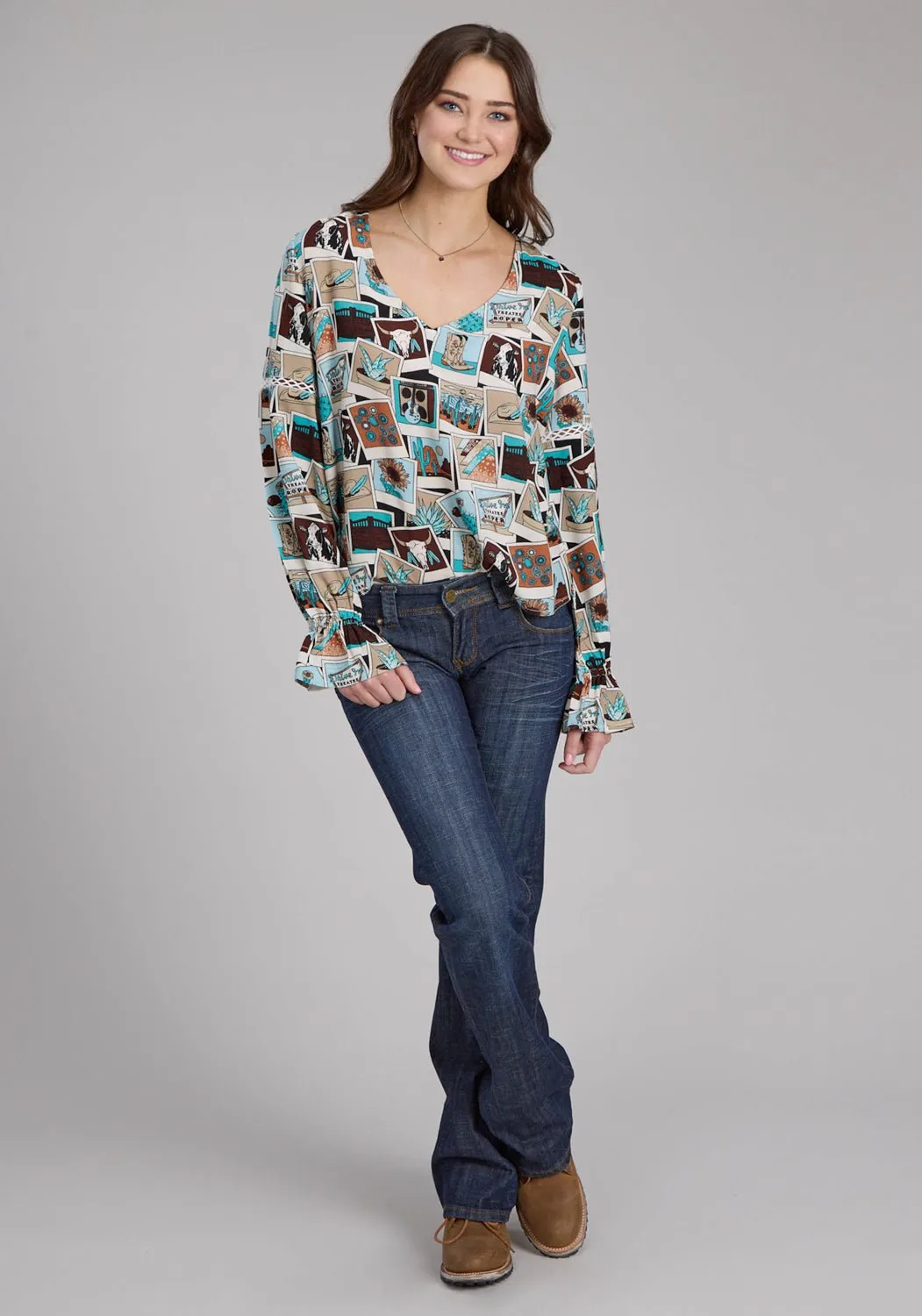 birthday party Roper Womens Photo Collage V-Neck Multi-Color 100% Rayon L/S Blouse