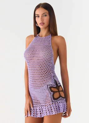 Henley Crochet Mini Dress - Lavender High low hem Organic-Fabric Henley Crochet Mini Dress - Lavender