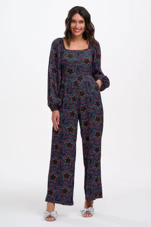 Hestia Shirred Jumpsuit in Rainbow Star Explosion Effortless Tailoring Casual Elegance Hestia Shirred Jumpsuit in Rainbow Star Explosion