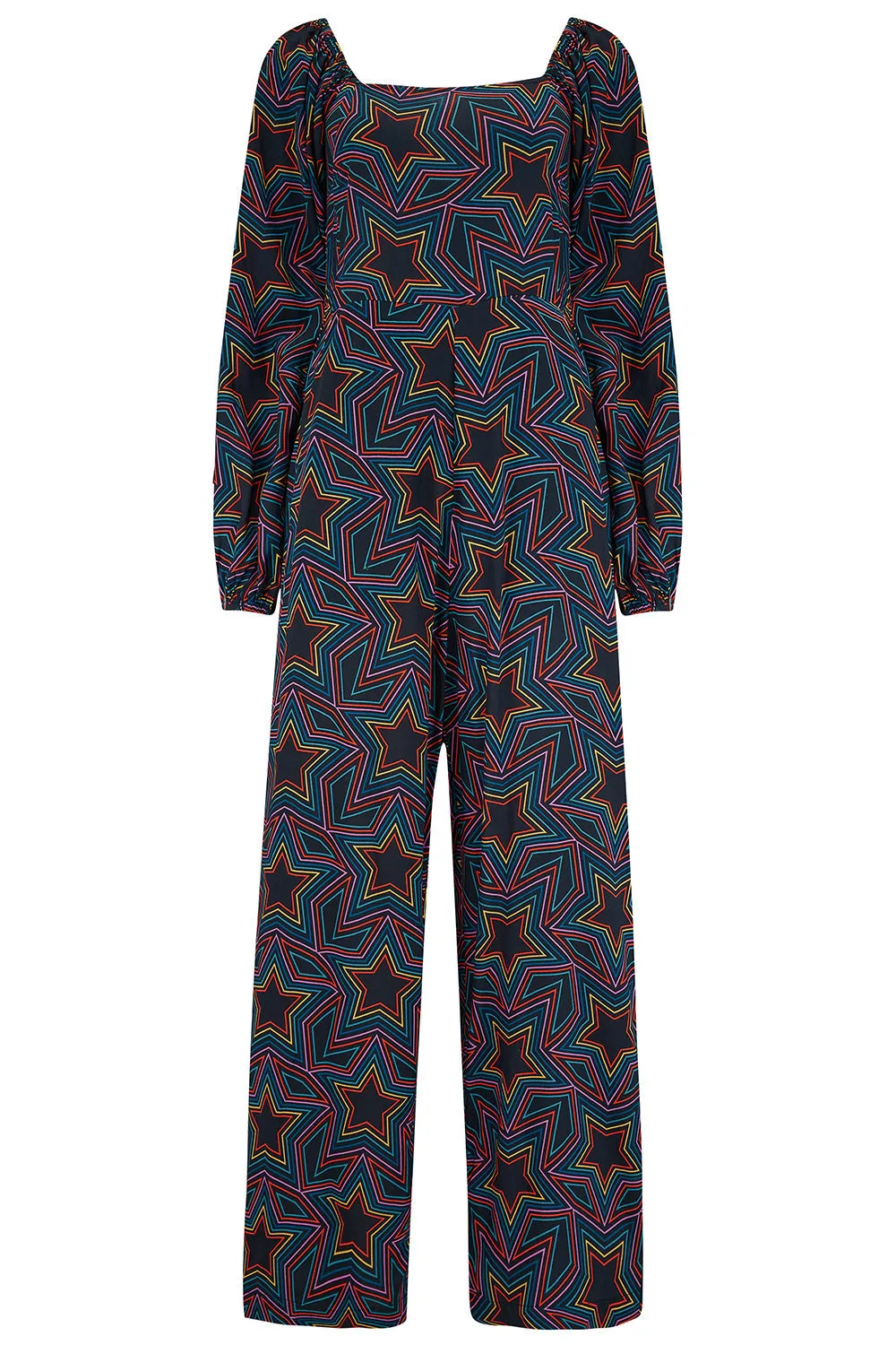 Timeless Cut Hestia Shirred Jumpsuit in Rainbow Star Explosion