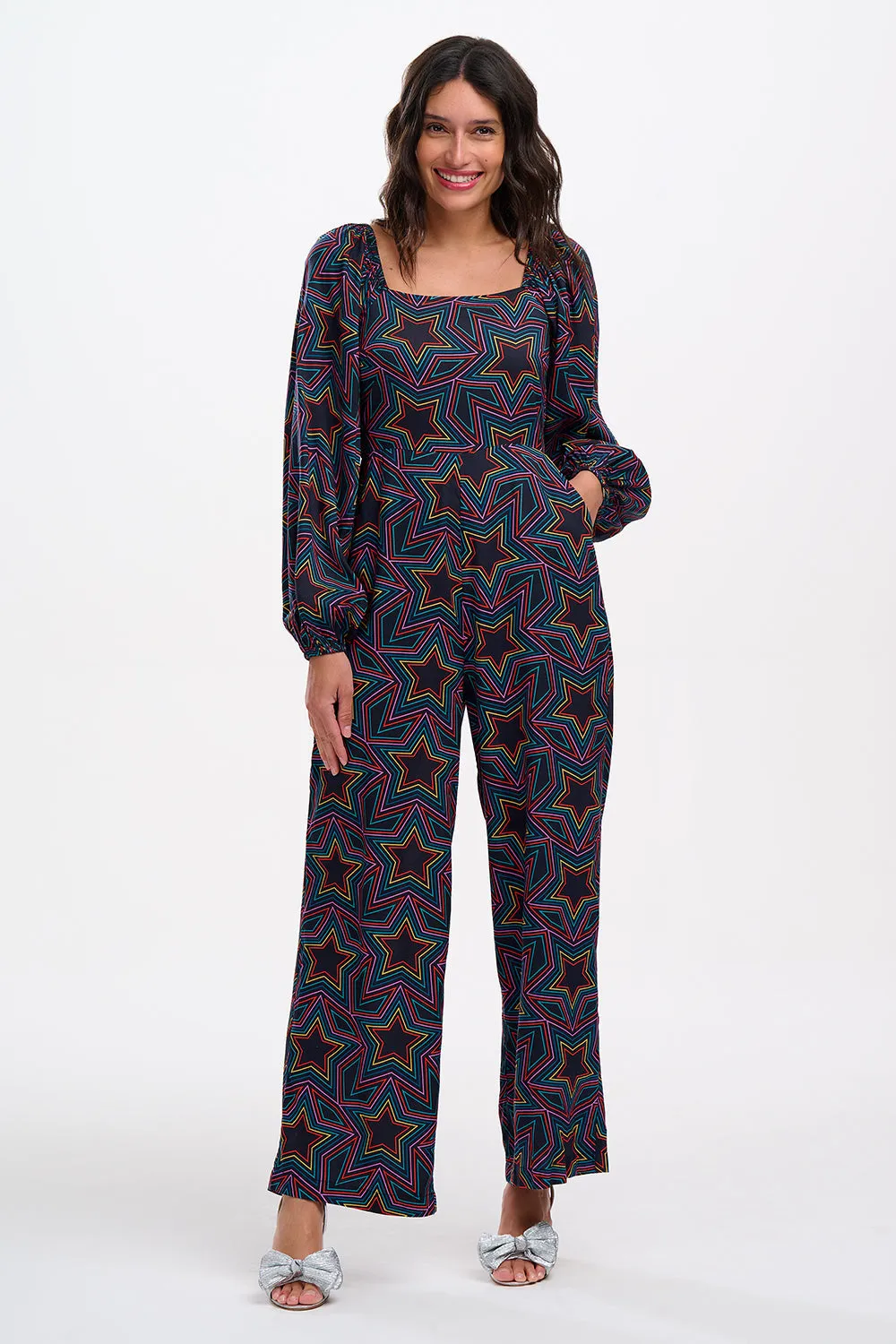 Casual Elegance Hestia Shirred Jumpsuit in Rainbow Star Explosion