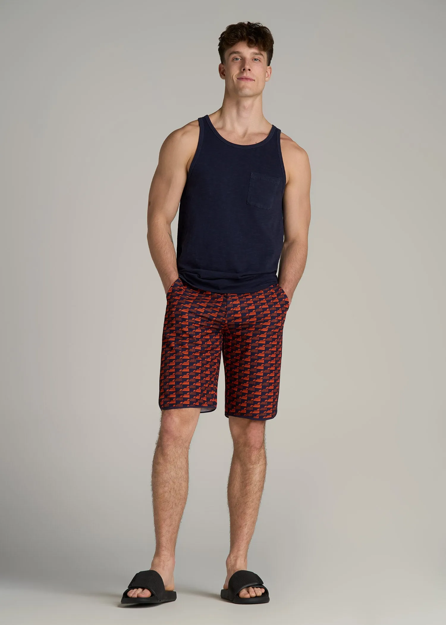 Hi-Tide Scallop Board Shorts for Tall Men in Bright Orange Geometric