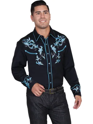 Hidden Buttonholes Scully Western Mens Black Polyester L/S Two Tone Leaf Western Shirt Scully Western Mens Black Polyester L/S Two Tone Leaf Western Shirt Work Appropriate