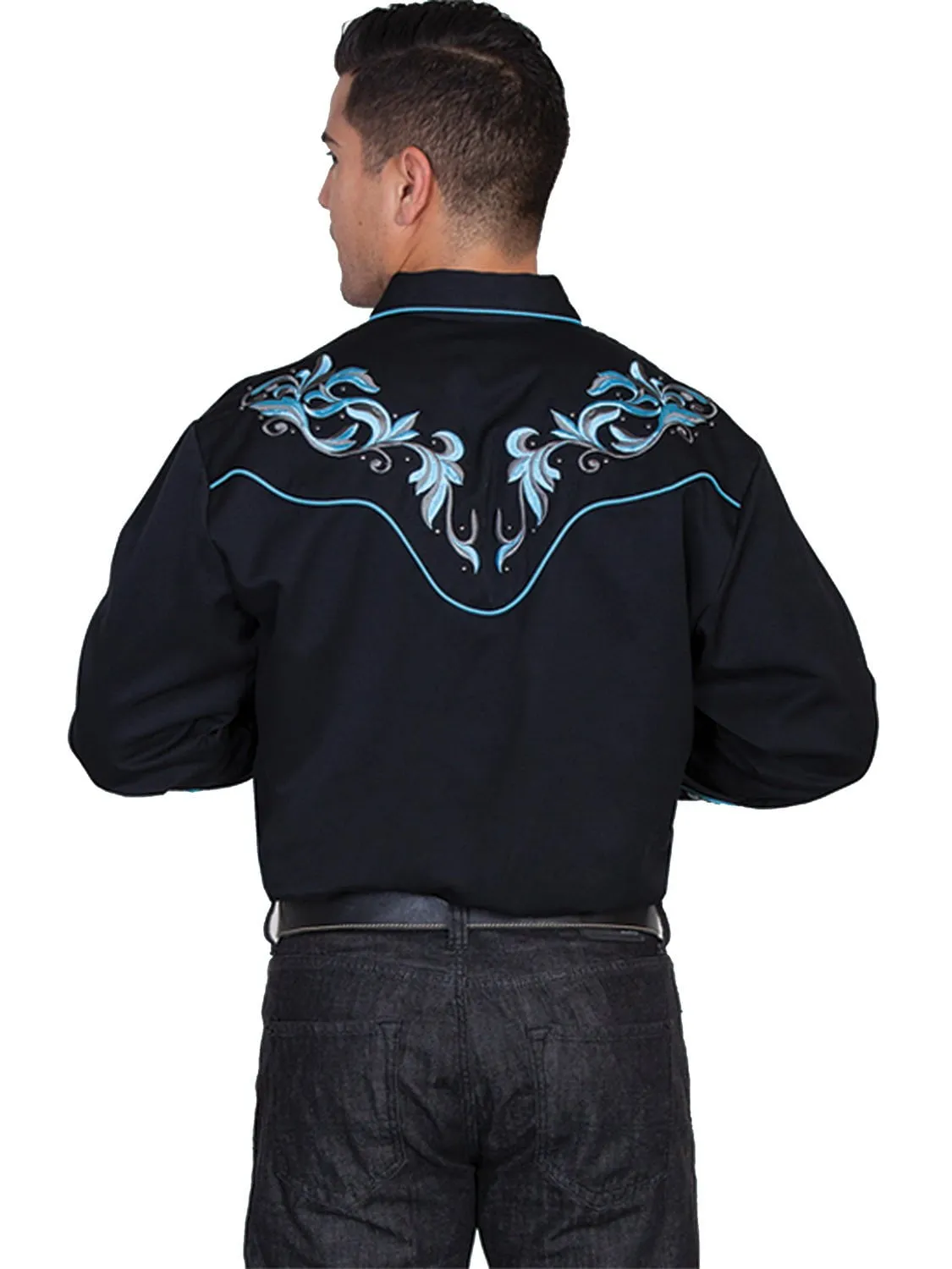 Scully Western Mens Black Polyester L/S Two Tone Leaf Western Shirt Urban Style