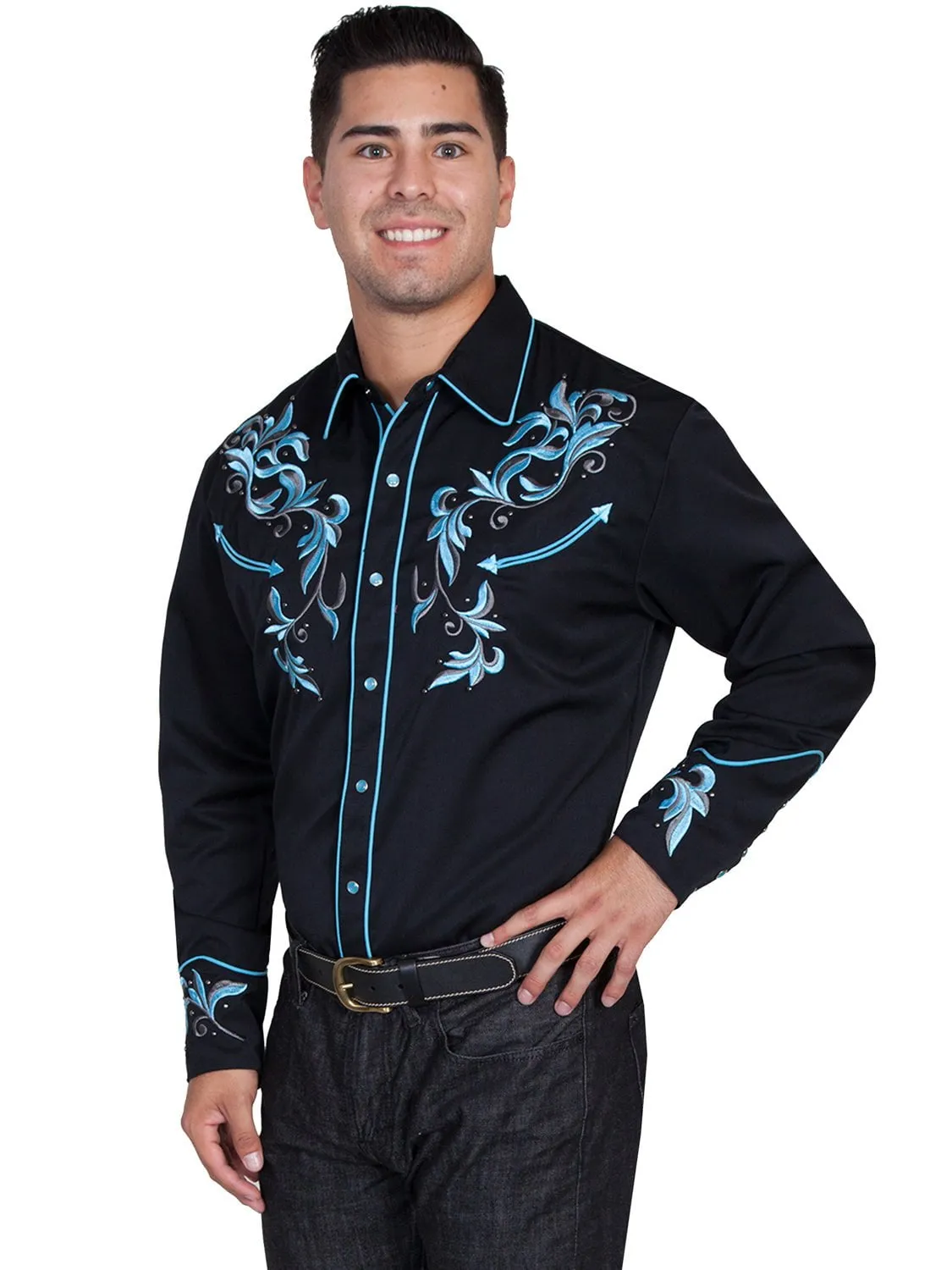 Thermoregulating Fabric Boho chic Scully Western Mens Black Polyester L/S Two Tone Leaf Western Shirt