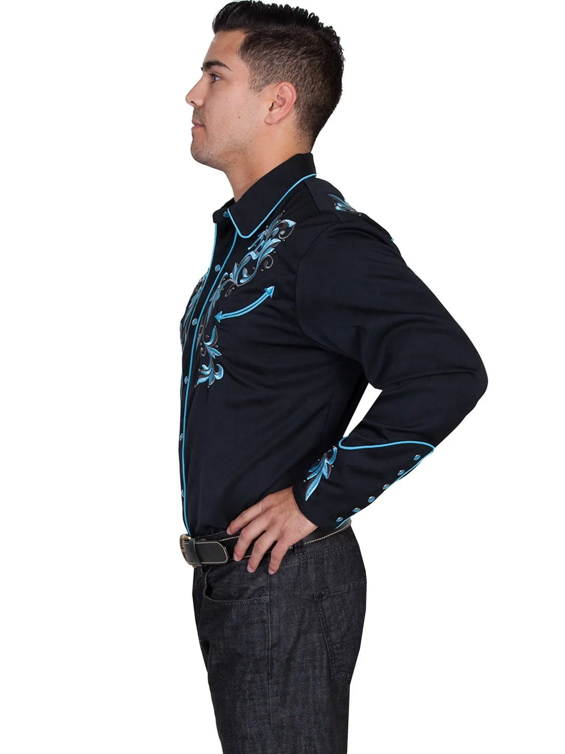 Scully Western Mens Black Polyester L/S Two Tone Leaf Western Shirt Day-To-Night Wear