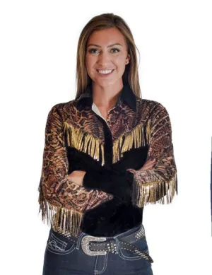 Hidden Placket Cowgirl Tuff Womens Animal Fringe Black Polyester L/S Shirt Relaxed Style Breathable Underarm Vents Cowgirl Tuff Womens Animal Fringe Black Polyester L/S Shirt