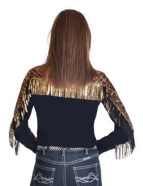 Brunch Outfit Cowgirl Tuff Womens Animal Fringe Black Polyester L/S Shirt