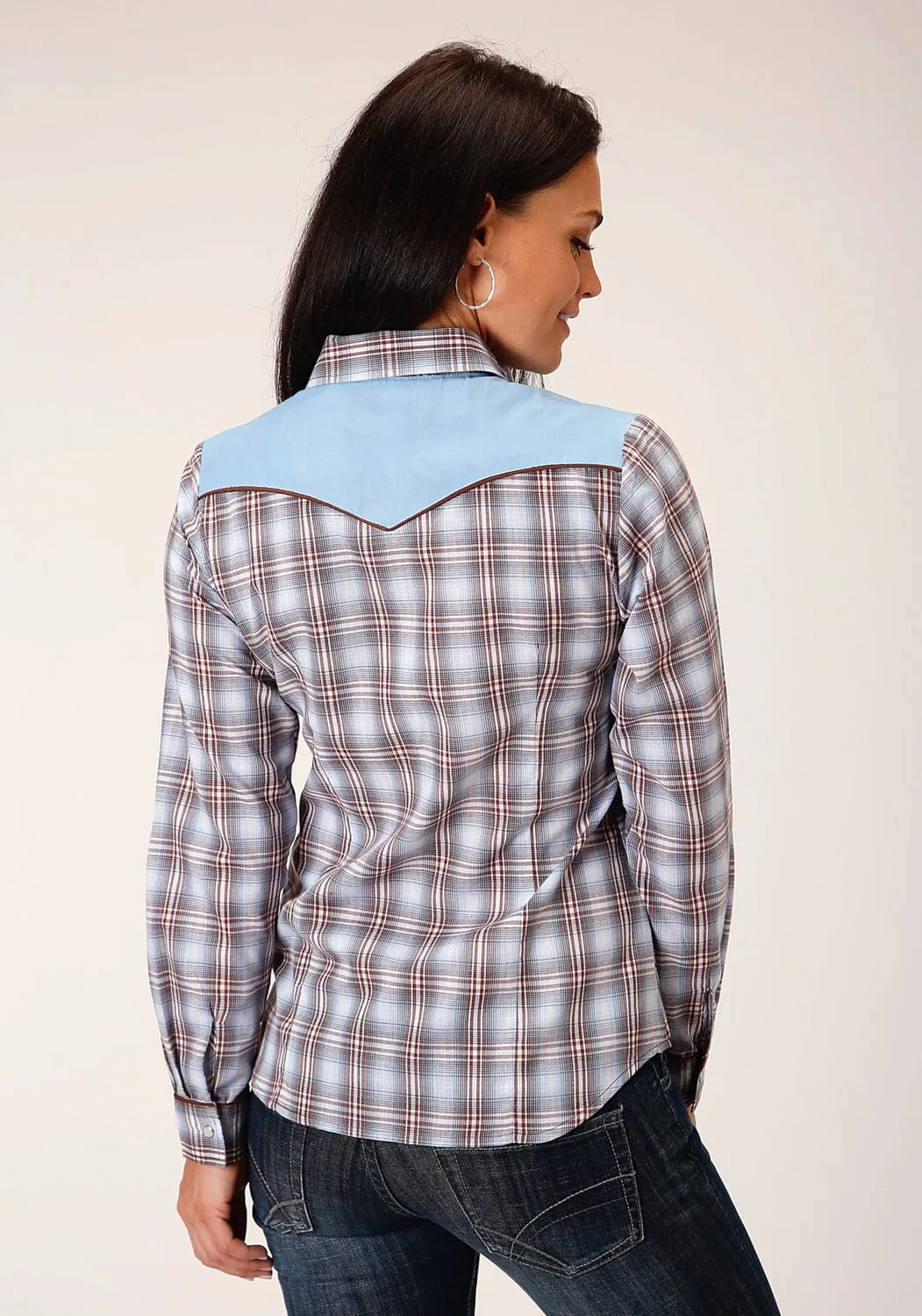 Advanced Moisture Management Comfortable Look Roper Womens Fancy Applique Chocolate Blue Cotton Blend L/S Shirt