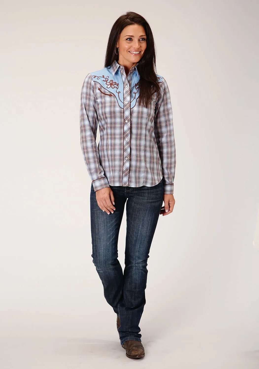 Roper Womens Fancy Applique Chocolate Blue Cotton Blend L/S Shirt Functional Pocket Urban Fashion