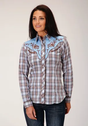 High Collar Roper Womens Fancy Applique Chocolate Blue Cotton Blend L/S Shirt Fitted Silhouette Easy Wear Roper Womens Fancy Applique Chocolate Blue Cotton Blend L/S Shirt