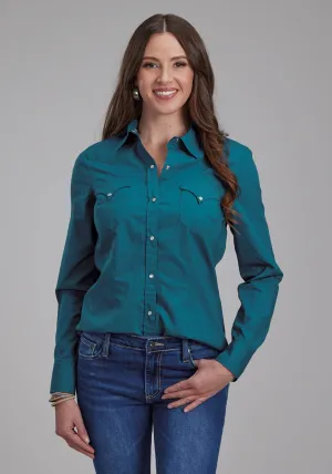 High Collar Roper Womens Performance Poplin Blue 100% Cotton L/S Shirt Comfort-First Wrinkle-Resistant Roper Womens Performance Poplin Blue 100% Cotton L/S Shirt