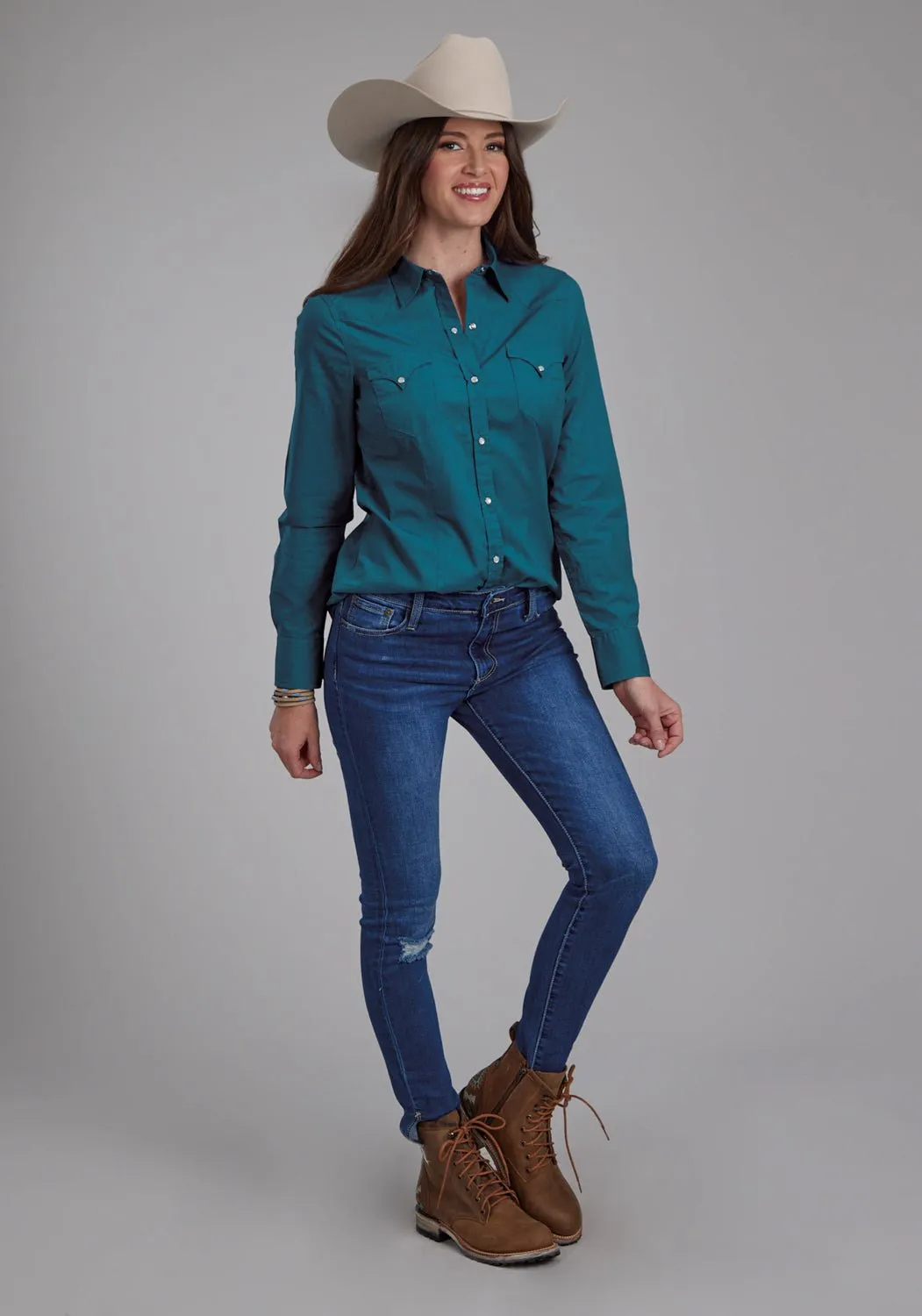 Roper Womens Performance Poplin Blue 100% Cotton L/S Shirt Snug feel Spring Trend