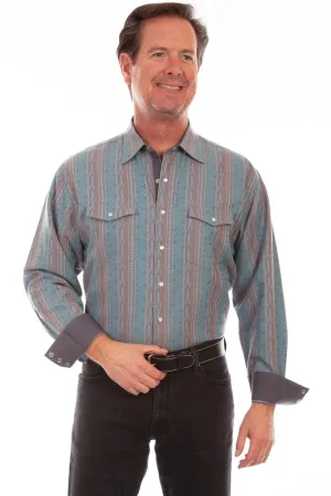 High Collar Scully Mens Turquoise 100% Cotton Signature Stripe L/S Shirt Classy Detail Scully Mens Turquoise 100% Cotton Signature Stripe L/S Shirt
