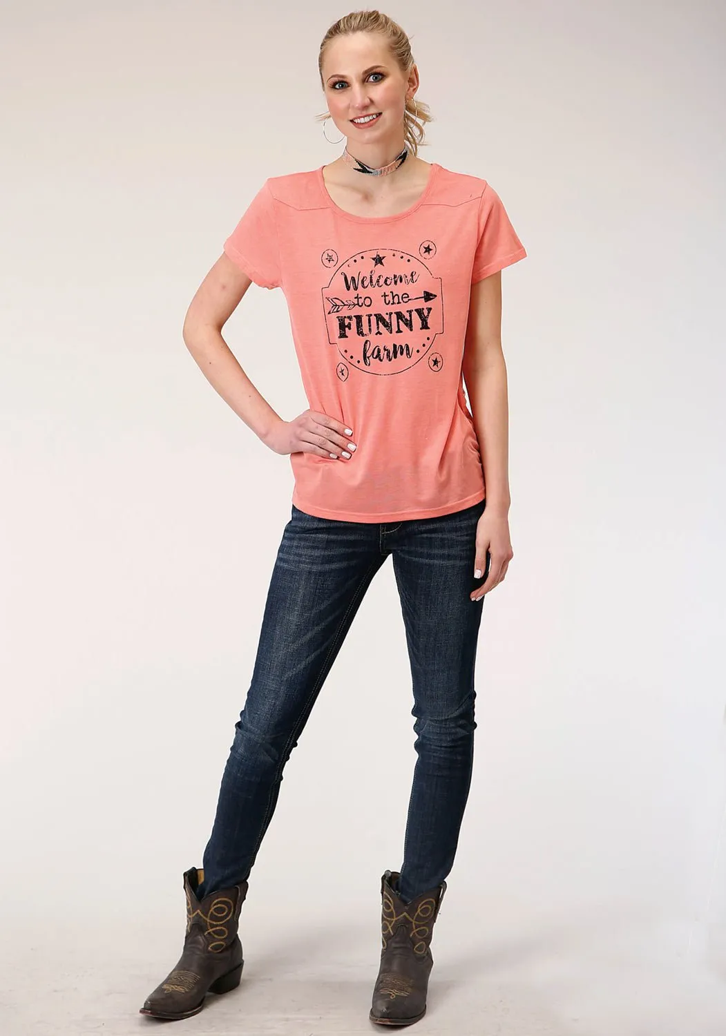Light Comfort Roomy Cut Roper Womens Funny Farm Pink Poly/Rayon S/S T-Shirt