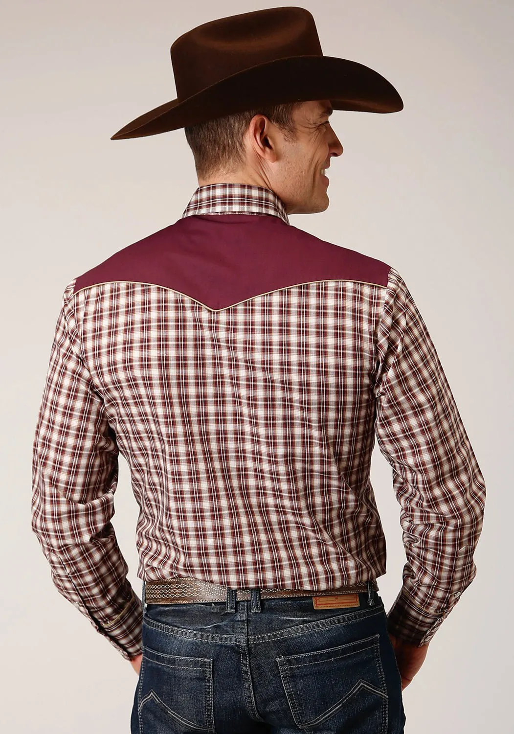 Patterned Texture Roper Mens Small Scale Plaid Wine Cotton Blend L/S Shirt