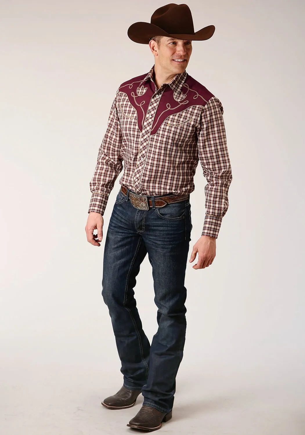 Roper Mens Small Scale Plaid Wine Cotton Blend L/S Shirt Rooftop Bar Year-Round Wear