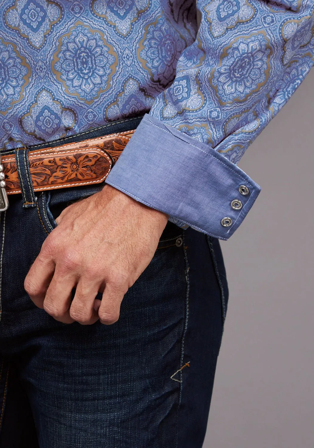 Stetson Mens Chambray Medallion Paisley Blue 100% Cotton L/S Shirt Durable Thread Construction